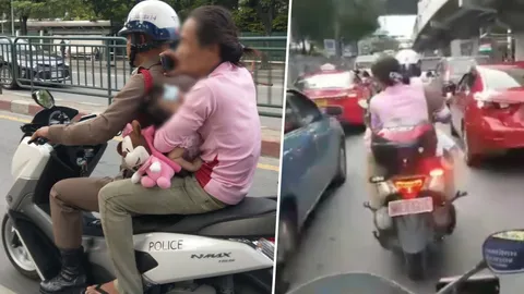 ลุ้นสุดใจ! ตำรวจจราจรพาเด็กไข้ขึ้นสูง ฝ่ารถติดส่งโรงพยาบาล (คลิป)