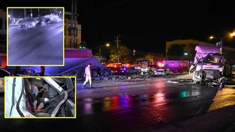 ยักษ์ชนยักษ์ รถบรรทุกปูนทิ่มรถบรรทุกทราย กลิ้งกลางสี่แยก (คลิป)