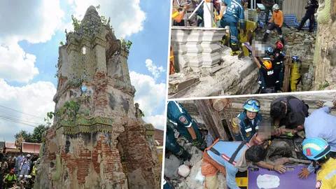 เจดีย์หลายร้อยปี ทรุดถล่ม ทับคนงานสลด