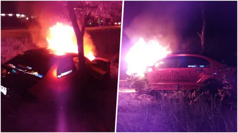 ระทึก! หวิดย่างสด หนุ่มเมืองคอนขับเก๋งชนเกาะกลาง ไฟท่วมโชคดีหนีทัน 