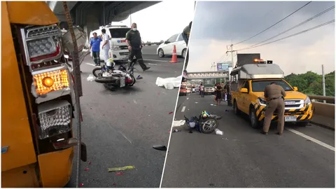 พ่อค้าข้าวแกง มอเตอร์ไซค์อัดท้ายรถทางหลวง ดับคาสะพานแยกบางพลู
