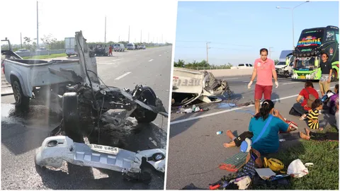 ระทึก! หนุ่มขับรถกระบะแซงสิบล้อไม่พ้น ชนแบริเออร์ ขาดสองท่อน เจ็บ 8 