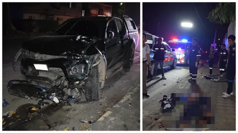 กระบะชนจยย.หนุ่มบ้านโป่งกระเด็นอัดกำแพงโรงเรียน ร่างแหลกตายคาที่