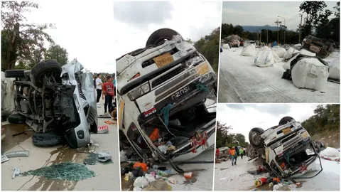 พ่วงเบรกแตกทางลงเขาโทน ชนยับ 5 คัน แป้งมันกระจายเกลื่อนถนน