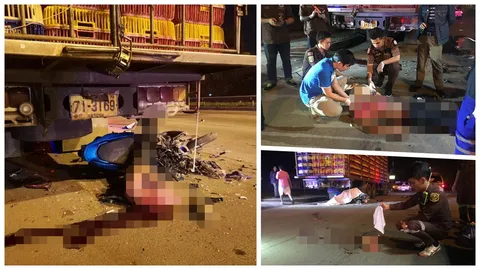 หนุ่มนครปฐมขี่จยย.กลับบ้าน ชนท้ายสิบล้อคอขาดกระเด็น นอนตายจมกองเลือด