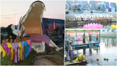 รูปปั้นพญาชาละวัน ขวางคลอง จุดไฮไลต์ลอยกระทง เมืองพิจิตร