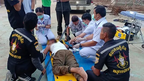 คนงานก่อสร้างก้าวพลาดพลัดตกนั่งร้าน ถูกเหล็กเสียบชายโครงทะลุหลังสาหัส