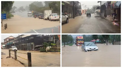 ฝนตกไม่หยุด ทำน้ำท่วมพื้นที่บางสะพานน้อย ถ.เพชรเกษม น้ำสูง 20-50 ซม.