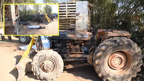 อุทาหรณ์! ลากพ่วงบรรทุกหนักลงเนิน ดึงรถไถพลิกทับดับ 