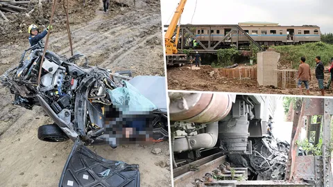 ควบเก๋งฝ่าไม้กั้น รถไฟชนดับอนาถ เสี่ยขายเครื่องเสียงรีบซิ่งจะไปเปิดร้าน