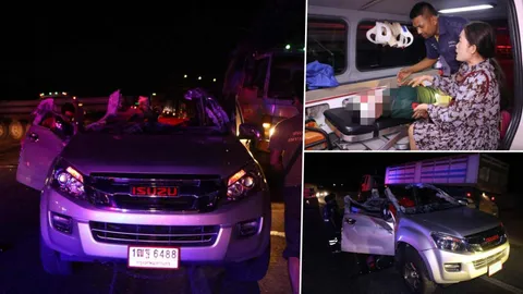 รถบรรทุกเสาเข็ม เลี้ยวขวางลำเต็มถนน ปิกอัพชนหลังคาขาด!   