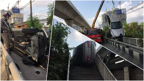 เก๋งไถลพลิกตะแคง สิ้นฤทธิ์บนทางเดินเท้าสะพานข้ามคลองบางบัว