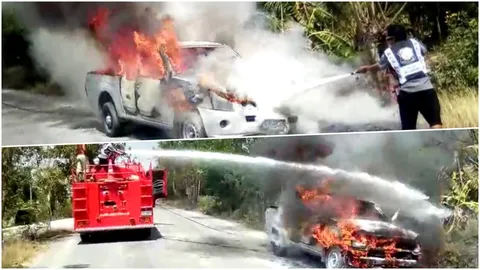 แม่ลูก 3 ชีวิต รอดหวุดหวิด ไฟไหม้กระบะ วอดพังไปกับตา