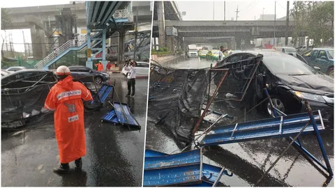 ระทึก เก๋งฝ่าฝนลมแรง โครงเหล็กสะพานลอยแยกหลักสี่ ร่วงใส่