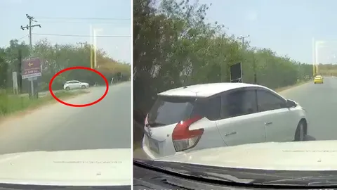 รถทางตรงเบรกเอี๊ยด เจอเก๋งขาวออกจากทางแยกไม่ชะลอ หวิดเฉี่ยวชน (คลิป)