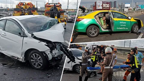 ชนระทึกด่วนศรีรัช หนุ่มซิ่งแหลกย้อนศร ซัดเก๋ง-แท็กซี่พังยับ! (คลิป)