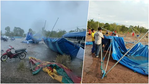 พายุถล่มนางรอง เต็นท์งานกีฬา ปลิว เหล็กฟาดหน้าสาวผู้ช่วยผู้ใหญ่ สาหัส