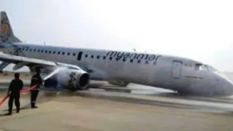 เปิดนาทีผู้โดยสารสุดระทึก เครื่องบินเมียนมา ลงจอดฉุกเฉิน ไร้ล้อหน้า (คลิป)