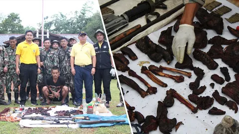 จนท.อุทยานจับพรานกะเหรี่ยง ขนเอ็ม16 ล่าหมีขอ-ลิงกังในป่าไทรโยค