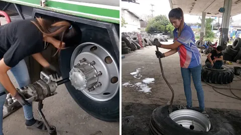 สาวแกร่ง เปลี่ยนยางรถบรรทุกคนเดียวสบาย รับเรียนมาน้อย ท้อแต่ต้องสู้