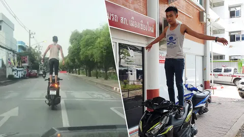 เจอตัวแล้ว หนุ่มโชว์สกิลผาดโผน ยืนบนเบาะรถมอ'ไซค์ ขณะซิ่ง อ้างเมาเหล้า