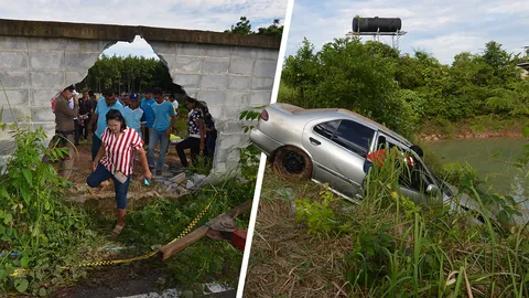 สาวใหญ่หัดขับรถ ตกใจเหยียบคันเร่งค้าง พุ่งทะลุกำแพง ลงสระจมดับ