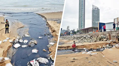 น้ำเน่ายังไม่บรรเทา ฝนตกหนักทะลักจากท่อ ไหลลง"หาดจอมเทียน"