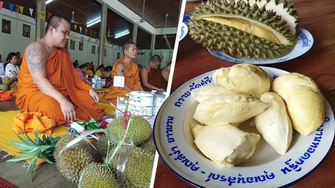 หอมทั้งวัด สลากภัตรทุเรียน "หมอนทอง หลง หลิน" ฉีกถวายพระ 