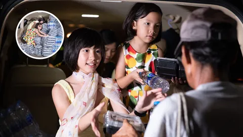 ฝูงชน - คนไร้บ้าน ต่อคิวกลางสายฝน รับอาหาร 2หนูน้อยลูกครึ่ง นำแจกนับพัน