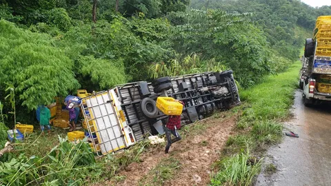 หกล้อบรรทุกไก่แหกโค้งคว่ำเทกระจาด ทำไก่ตายเป็นเบือที่แม่สอด