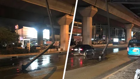 หนุ่มเกือบตาย ขี่จยย.อยู่ดีๆ ท่อระบายน้ำทางยกระดับพระราม 9 ร่วงต่อหน้า