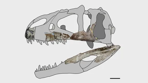 แสดงความสมบูรณ์ กะโหลกศีรษะของไดโนเสาร์ (คลิป)