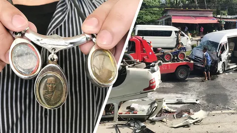 ห้อยพระดี เซลส์หนุ่มรอดปาฏิหาริย์ กระบะข้ามเกาะกลาง หงายท้อง อัดยับรถตู้