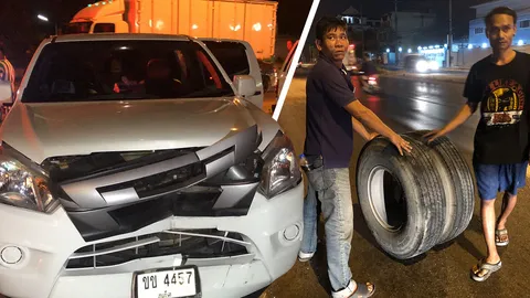 หนุ่มชลบุรีเฉียดตาย ขับมาดีๆ จู่ๆล้อรถบรรทุกหลุดพุ่งอัดหน้ารถเต็มแรง