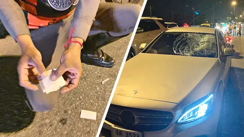 เบนซ์ชนหวิดดับ หนุ่มซิ่งจยย.แหกด่าน วิ่งข้ามถนน งานเข้า “ไอซ์” ตกพื้น