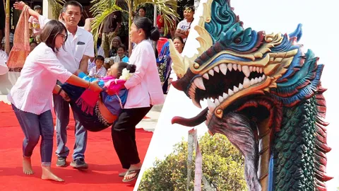 นางรำทรุด ร้องไห้ ขณะบวงสรวงพญานาคองค์ใหญ่ หมอพราหมณ์เชื่อองค์ลง มาให้โชค