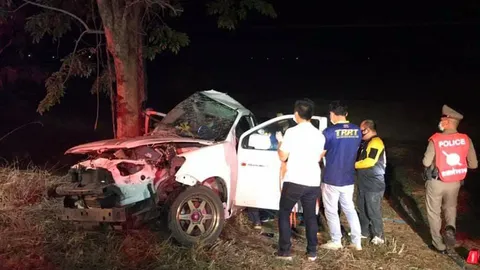 2 หนุ่มซิ่งกระบะพุ่งชนต้นไม้ข้างทางที่พะเยา ดับ 1 สาหัส 1 คาดขับหลับใน