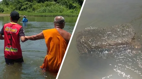 ฮือฮาคอหวยแห่ขอเลข 'หินลอยน้ำ' หนัก 300 กก. หลังขัดถูเห็นเลข 865