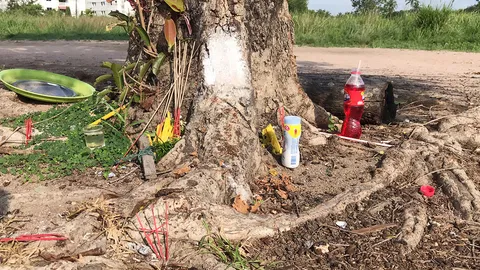 หนุ่มเขมร ย้อนถามคอหวยแห่ลูบแป้ง ต้นหว้าอาถรรพณ์ 3 ศพ ถามจริงได้เลขเหรอ