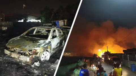 ไฟไหม้ป่าหญ้าลามเข้าอู่เก็บซากรถยนต์ ถังแก๊สระเบิดบึมสนั่น เสียหายยับ