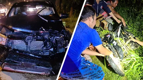 กระบะประสานงาจยย.กลางสี่แยก คนขี่กระเด็นไกล 100 เมตรดับคาที่