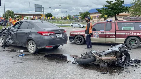 หนุ่ม 32 พกปืนซิ่งบิ๊กไบค์ มีสาวซ้อนท้าย ชนรถเก๋งดับ 1 เจ็บ 3 (คลิป)  