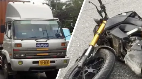 สยอง หนุ่มซิ่ง จยย.คว่ำ หมุนใต้เทรลเลอร์ ถูกเหยียบหัวดับ คาหมวกกันน็อก