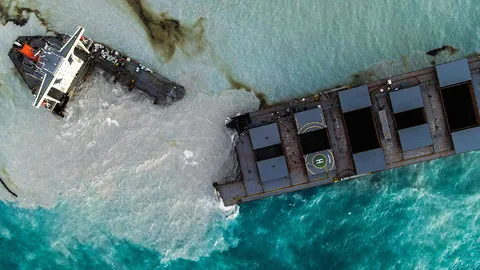 เรือเกยตื้นเกาะมอริเชียส หลุดเป็น 2 ส่วน หลังทำน้ำมันรั่วนับพันตัน