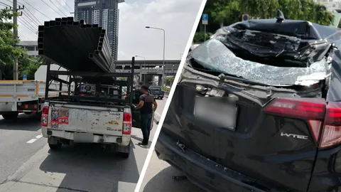 เสียววาบ ปิกอัพเบรกกะทันหัน เหล็กเส้นที่บรรทุกมา ทิ่มทะลุรถ 2 คัน 