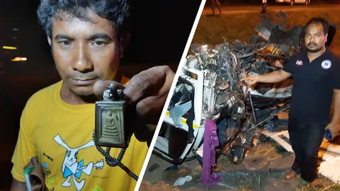 รถพ่วงขนเบียร์ ชนท้ายสิบล้อพังยับทั้งคัน คนขับห้อยพระสมเด็จรอดปาฏิหาริย์