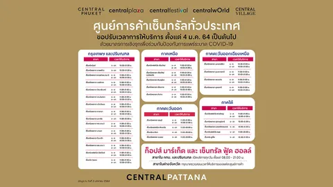 เซ็นทรัลพัฒนา ประกาศปิดให้บริการศูนย์การค้าเซ็นทรัลทั่วประเทศ 21.00 น. ทุกวัน