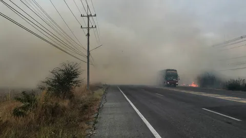 คนมักง่ายเผาซังข้าว ทำควันไฟปกคลุมถนนลพบุรี รถไม่เห็นทางชนยับ 3 คันรวด