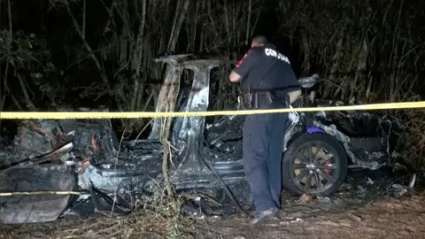 ช็อก รถเก๋งไฟฟ้าเทสลา แบบไร้คนขับ พุ่งชนต้นไม้ไฟลุกวอดที่เทกซัส ดับสลด 2