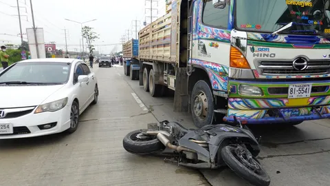 หนุ่มบิ๊กไบค์ชนท้ายเก๋งล้ม แล้วรถพ่วง 22 ล้อเบียดซ้ำอัดกระบะจนตายคาที่